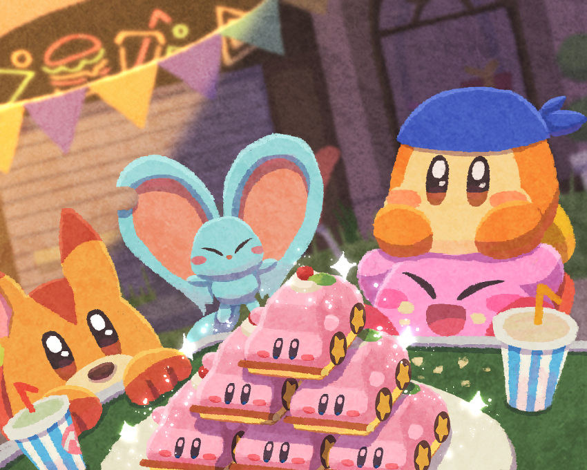 animal, bandana, bandana_waddle_dee, blue_bandana, blush_stickers, cake, car-mouth_cake, closed_eyes