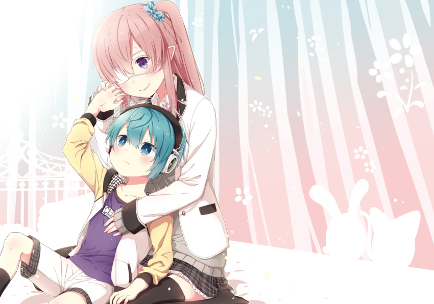 1boy, 1girl, age_difference, arm_up, between_legs, black_skirt, black_socks, black_thighhighs