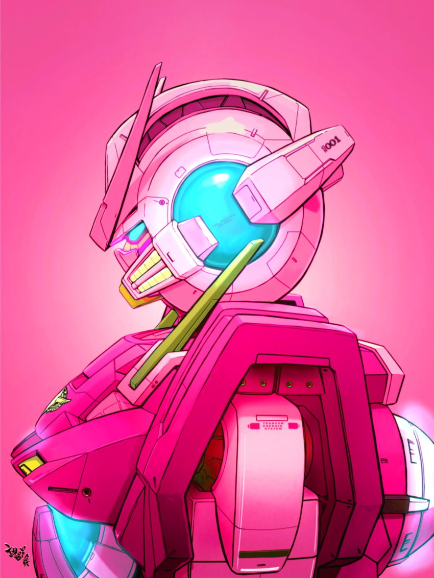 blue_eyes, celestial_being, commentary, exia_repair_ii, from_side, glowing, glowing_eye, gn_drive