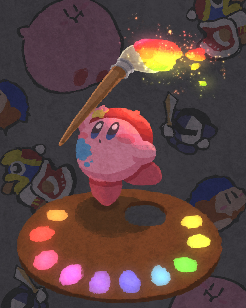 artist_kirby, bandana_waddle_dee, beret, blue_eyes, blush_stickers, closed_mouth, copy_ability, full_body