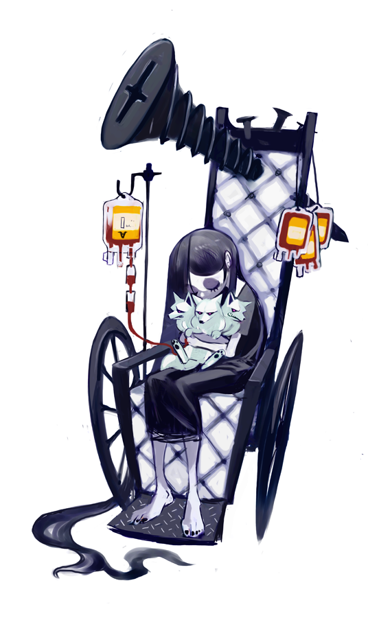 1girl, animal_hug, barefoot, black_dress, black_hair, black_nails, blood, blood_bag