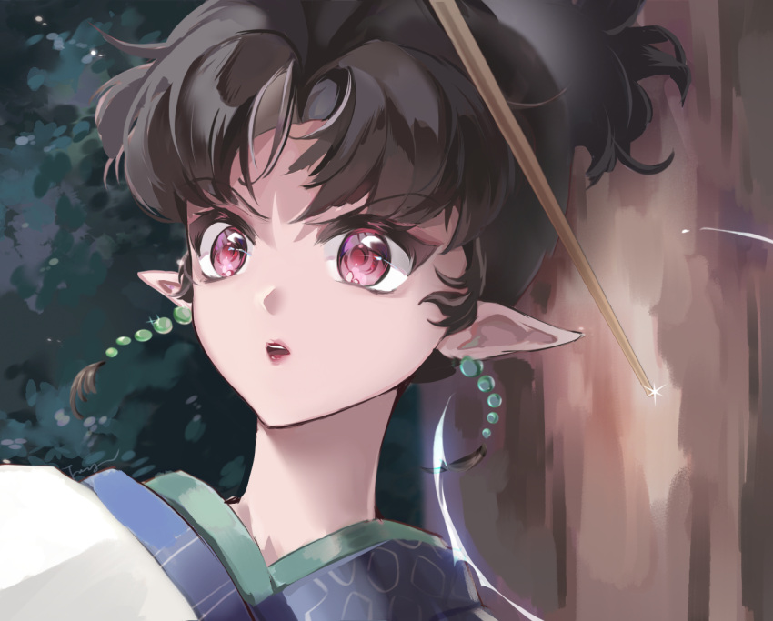 1girl, arrow_(projectile), black_hair, earrings, english_commentary, eyelashes, fangwan, inuyasha