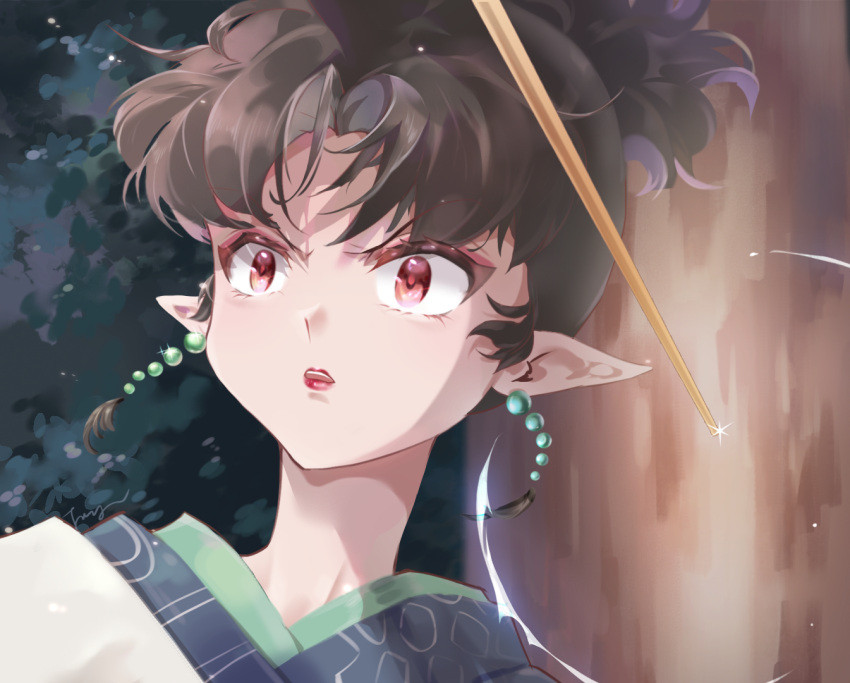 1girl, arrow_(projectile), black_hair, commentary_request, earrings, eyelashes, fangwan, inuyasha, japanese_clothes, jewelry, kagura_(inuyasha), kimono, looking_to_the_side, open_mouth, pointy_ears, ponytail, red_eyes, solo, teeth, tree, upper_body, upper_teeth_only