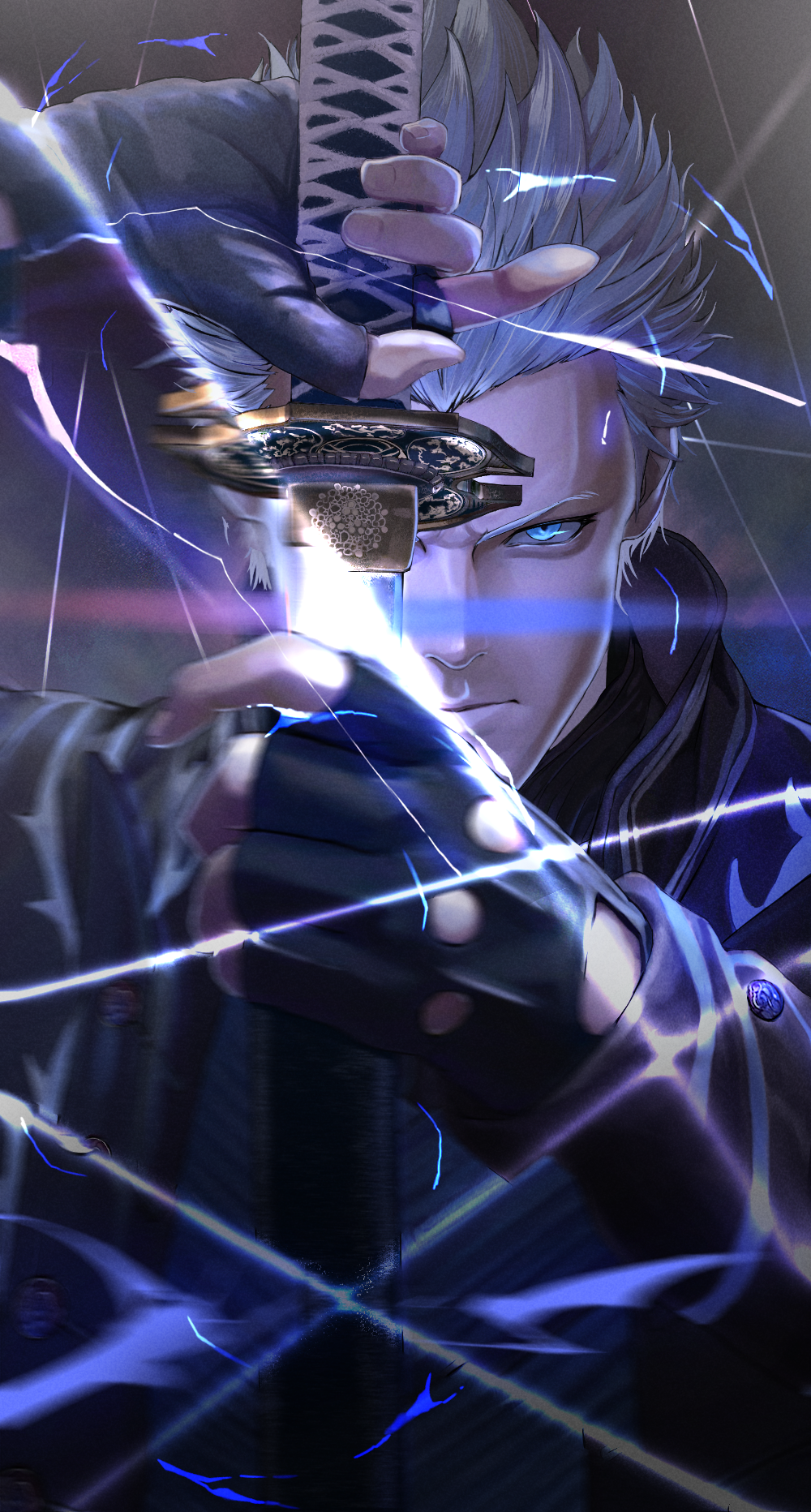 1boy, black_coat, black_gloves, blue_eyes, coat, devil_may_cry_(series), fingerless_gloves, gloves, grey_hair, highres, holding, holding_sword, holding_weapon, jyugomio, male_focus, short_hair, solo, spiky_hair, sword, vergil_(devil_may_cry), weapon, yamato_(sword)