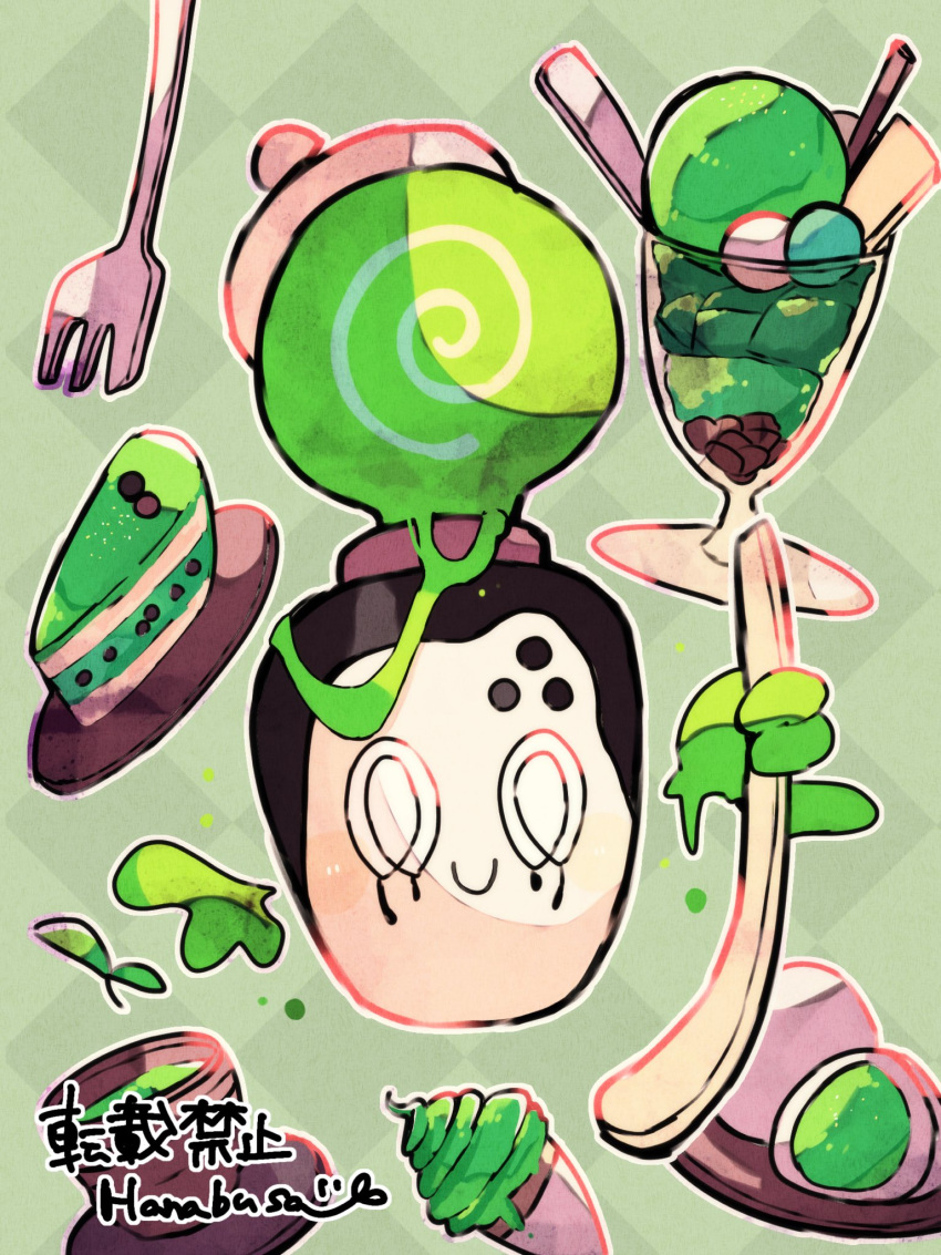 animal_focus, cake, cup, food, fork, green_background, green_theme, hanabusaoekaki