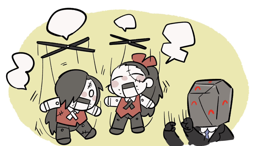 1girl, 2boys, black_footwear, black_gloves, black_hair, black_pants, blue_necktie, chibi, closed_eyes, collared_shirt, commentary, effie_(limbus_company), extra_eyes, gloves, hair_over_one_eye, hairband, highres, jae-heon, kojocho05, library_of_ruina, limbus_company, long_hair, multiple_boys, necktie, pants, ponytail, project_moon, puppet, puppet_strings, red_eyes, red_hairband, red_vest, saude_(limbus_company), shirt, shoes, speech_bubble, stitched_face, stitched_leg, stitched_torso, stitches, suit, vest, white_eyes, white_shirt