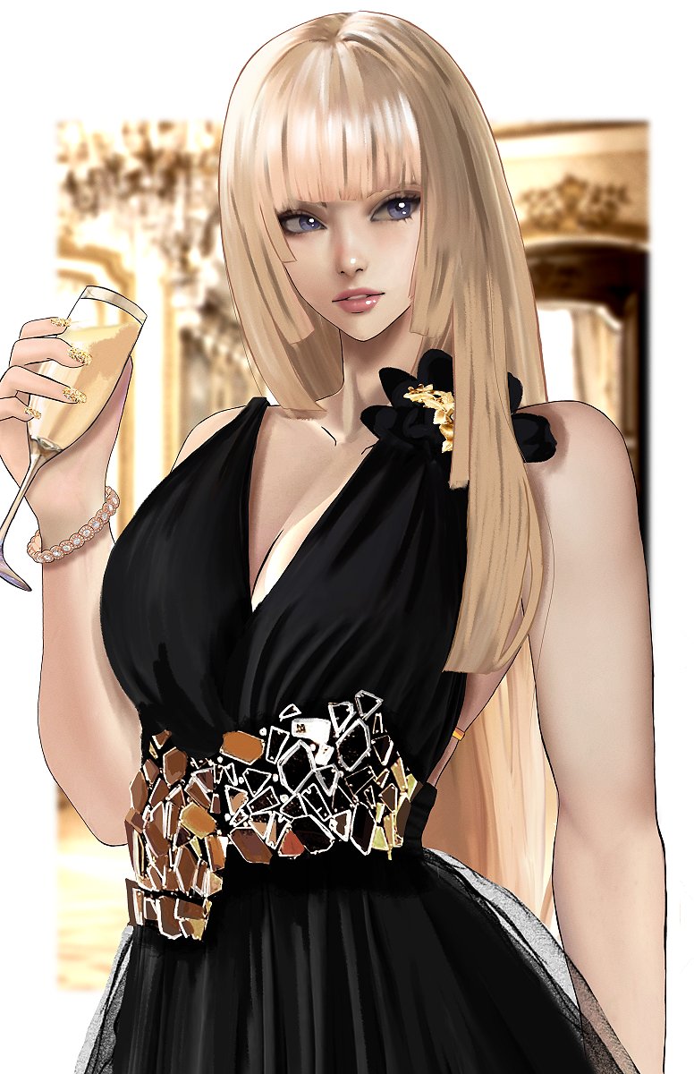 1girl, black_dress, blonde_hair, blunt_bangs, bracelet, champagne_flute, cropped_legs, cup