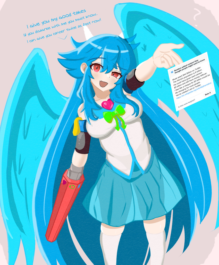 1girl, ?, alternate_costume, alternate_hair_color, aqua_skirt, aqua_wings, arm_cannon, bird_wings, blue_hair, bow, bowtie, breasts, commentary, english_commentary, english_text, fang, feet_out_of_frame, green_bow, green_bowtie, hair_between_eyes, half-closed_eye, heart, highres, just_hatto, long_hair, looking_at_viewer, medium_breasts, open_mouth, outstretched_arm, pink_background, red_eyes, reiuji_utsuho, shirt, sidelocks, simple_background, skin_fang, skindentation, skirt, smile, solo, standing, thigh-highs, touhou, twitter, very_long_hair, weapon, white_shirt, white_thighhighs, wings, zettai_ryouiki