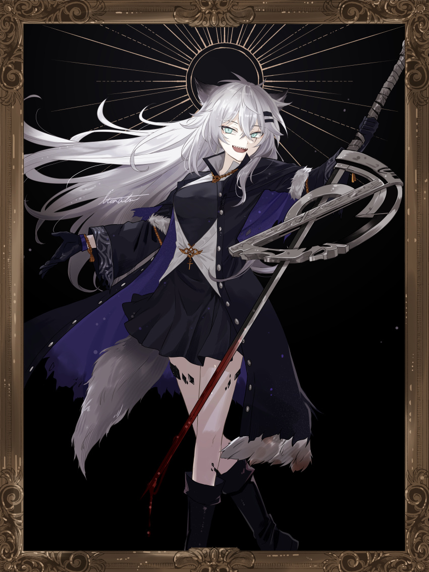 1girl, :d, absurdres, animal_ears, arknights, black_dress, black_footwear, black_gloves, black_jacket, blood, blood_on_weapon, blue_eyes, boots, breasts, commentary_request, crossed_legs, dress, feet_out_of_frame, gloves, grey_hair, hair_between_eyes, highres, holding, holding_sword, holding_weapon, itonatsu, jacket, lappland_(arknights), lappland_(refined_horrormare)_(arknights), long_hair, long_sleeves, medium_breasts, ornate_border, sharp_teeth, smile, solo, standing, sword, tail, teeth, very_long_hair, weapon
