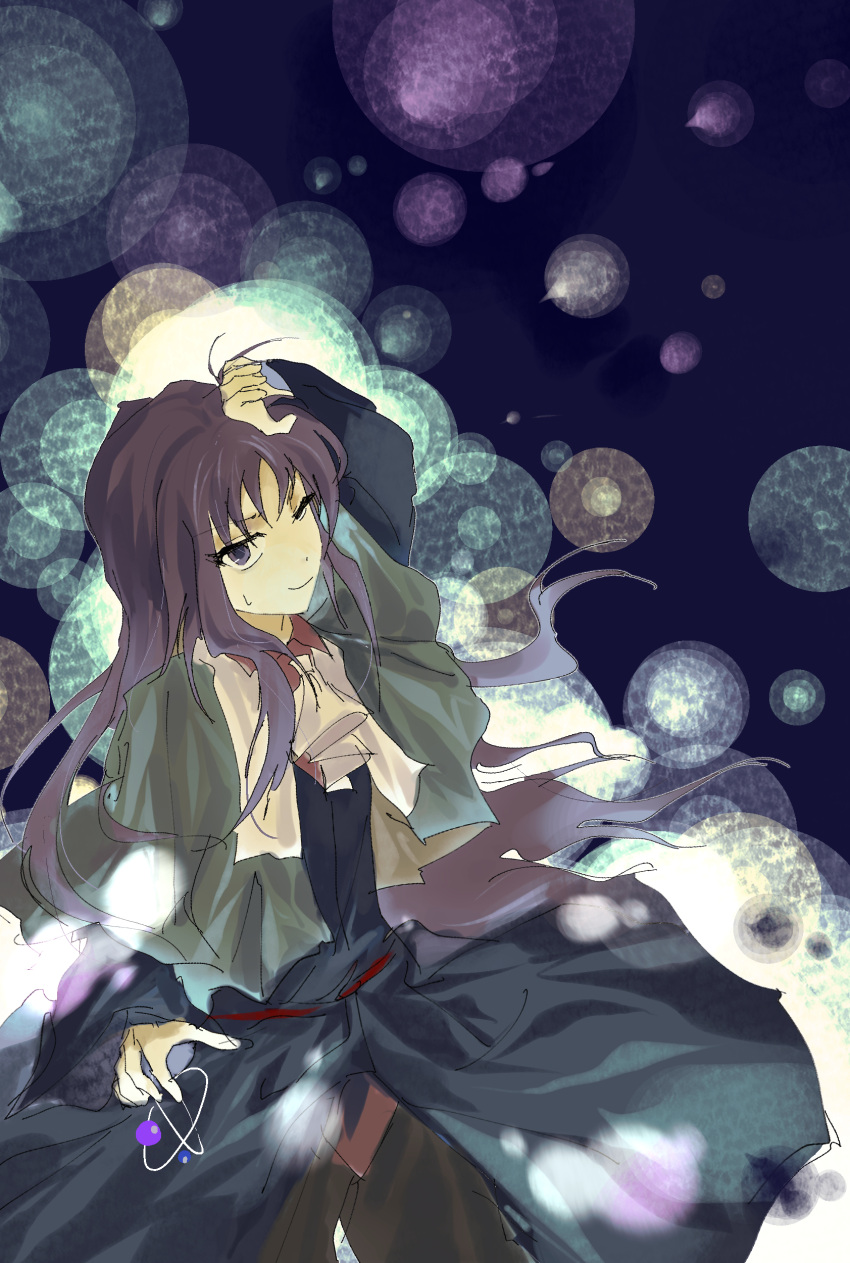 1other, ;), absurdres, androgynous, ascot, atom, belt, blue_coat, brown_pants, clause, closed_mouth, coat, collared_shirt, commentary_request, cowboy_shot, hand_on_own_head, highres, kysk_maki, len'en, long_hair, long_sleeves, one_eye_closed, other_focus, pants, pink_shirt, purple_hair, red_belt, shirt, sketch, smile, solo, sweat, white_ascot