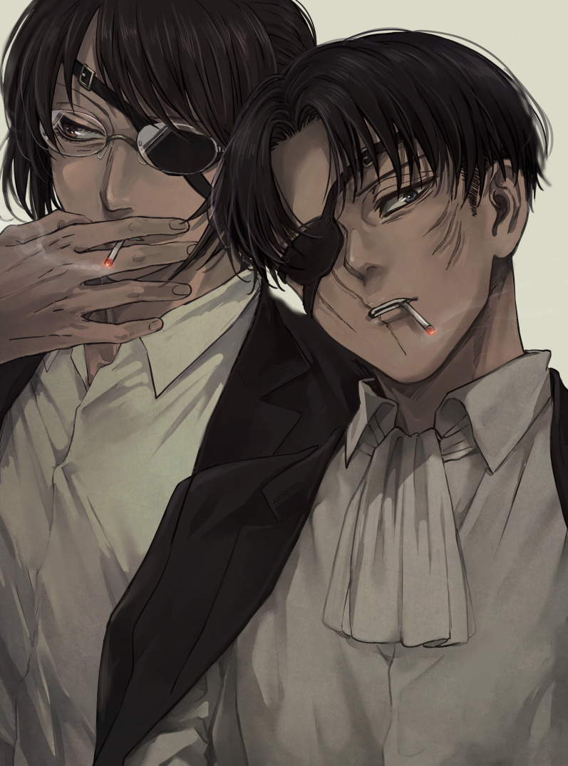 1boy, 1other, alternate_costume, ascot, black_eyes, black_hair, black_jacket, brown_eyes