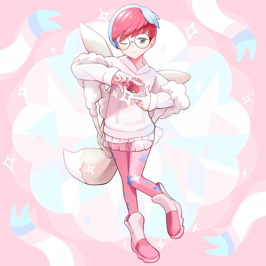 1girl, ;), alternate_color, backpack, bag, blue_hair, boots, closed_mouth