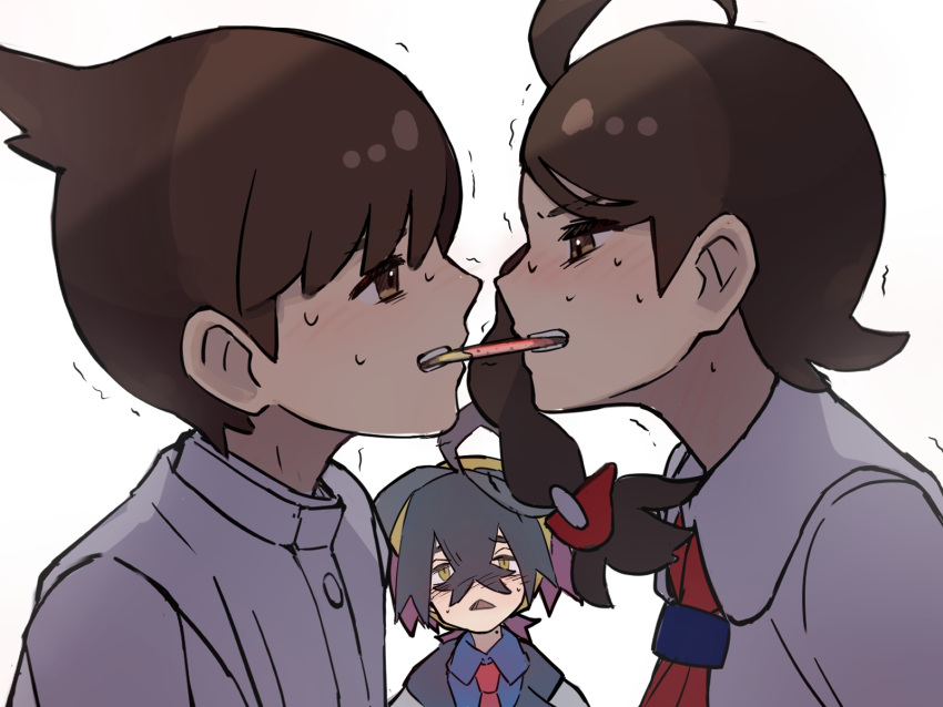 1girl, 2boys, ahoge, braid, brown_eyes, brown_hair, collared_shirt, commentary_request