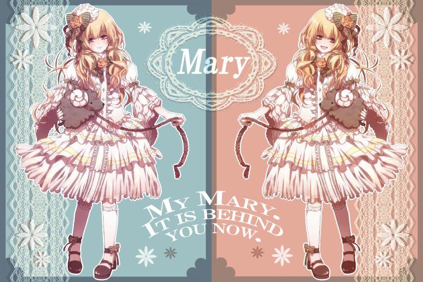 bad_id, blonde_hair, bow, dress, dual_persona, flower, formal, frills, hair_ornament, horns, iriasu, leash, lolita_fashion, long_hair, mary-san, mary_janes, open_mouth, original, pink_rose, purple_eyes, ribbon, rose, sheep, shoes, smile, socks, sweet_lolita, tears, violet_eyes