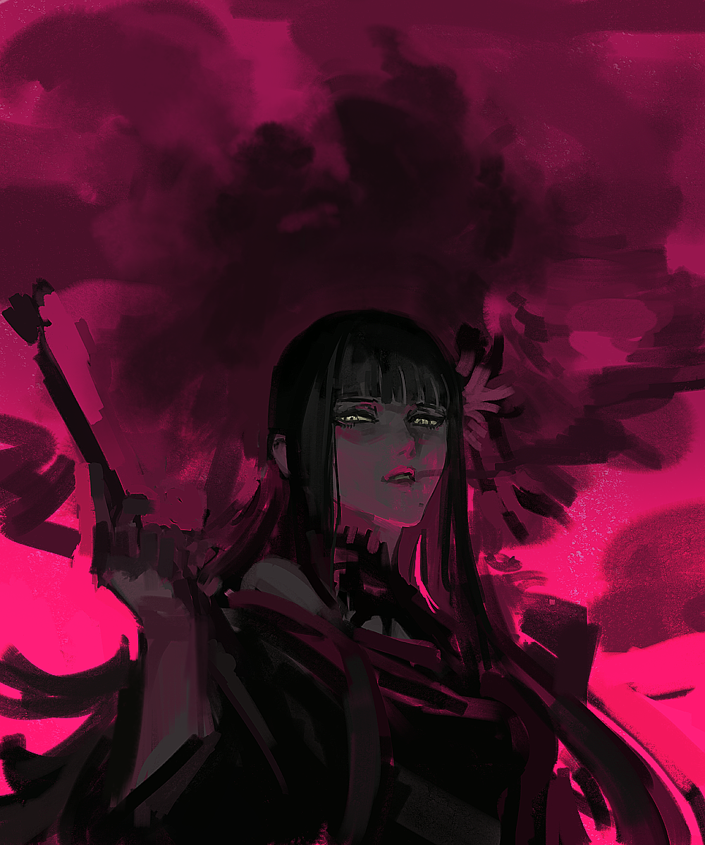 1girl, black_collar, black_hair, black_kimono, blowing_smoke, blunt_bangs, collar, final_fantasy