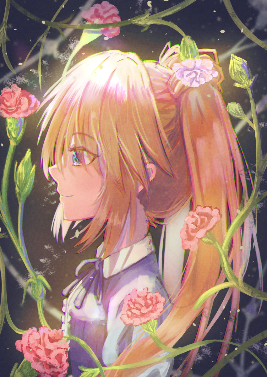1girl, absurdres, alternate_costume, black_background, blonde_hair, blue_eyes, casual, closed_mouth