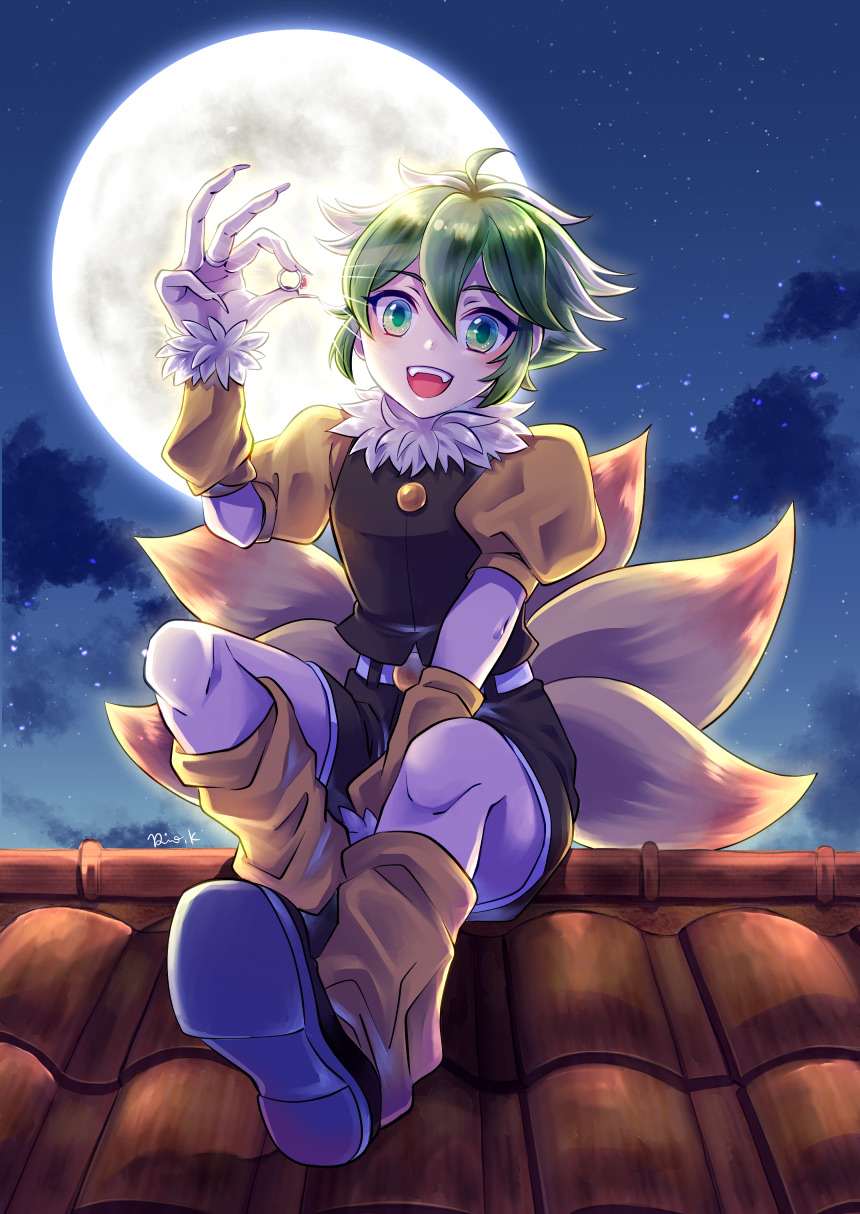 1boy, clouds, full_moon, green_eyes, green_hair, highres, jewelry, kageshitario