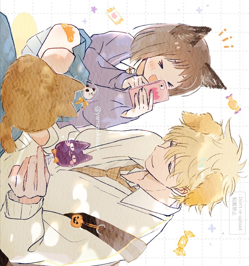 >_<, 1boy, 1girl, :d, animal-themed_food, animal_ears, animal_on_lap, artist_name, backpack, bag, bag_charm, bandaid, bandaid_on_knee, bandaid_on_leg, blonde_hair, blue_skirt, blush, brown_hair, brown_necktie, candy, cardigan, cat, cat_bandaid, cat_ears, cat_on_lap, cellphone, charm_(object), closed_eyes, closed_mouth, collared_shirt, commentary, dog_ears, english_commentary, food, grid_background, hair_between_eyes, halloween, hand_up, hands_up, holding, holding_candy, holding_food, holding_lollipop, holding_phone, iwakura_mitsumi, kemonomimi_mode, lollipop, long_sleeves, necktie, on_lap, open_mouth, orange_cat, orange_ribbon, phone, pleated_skirt, purple_cardigan, ribbon, school_uniform, shima_sousuke, shirt, short_hair, sideways, simple_background, sitting, skip_to_loafer, skirt, smartphone, smile, sparkle, squatting, star_(symbol), taking_picture, twitter_username, u_u, white_background, white_shirt, wing_collar, yamasuke040, yellow_cardigan