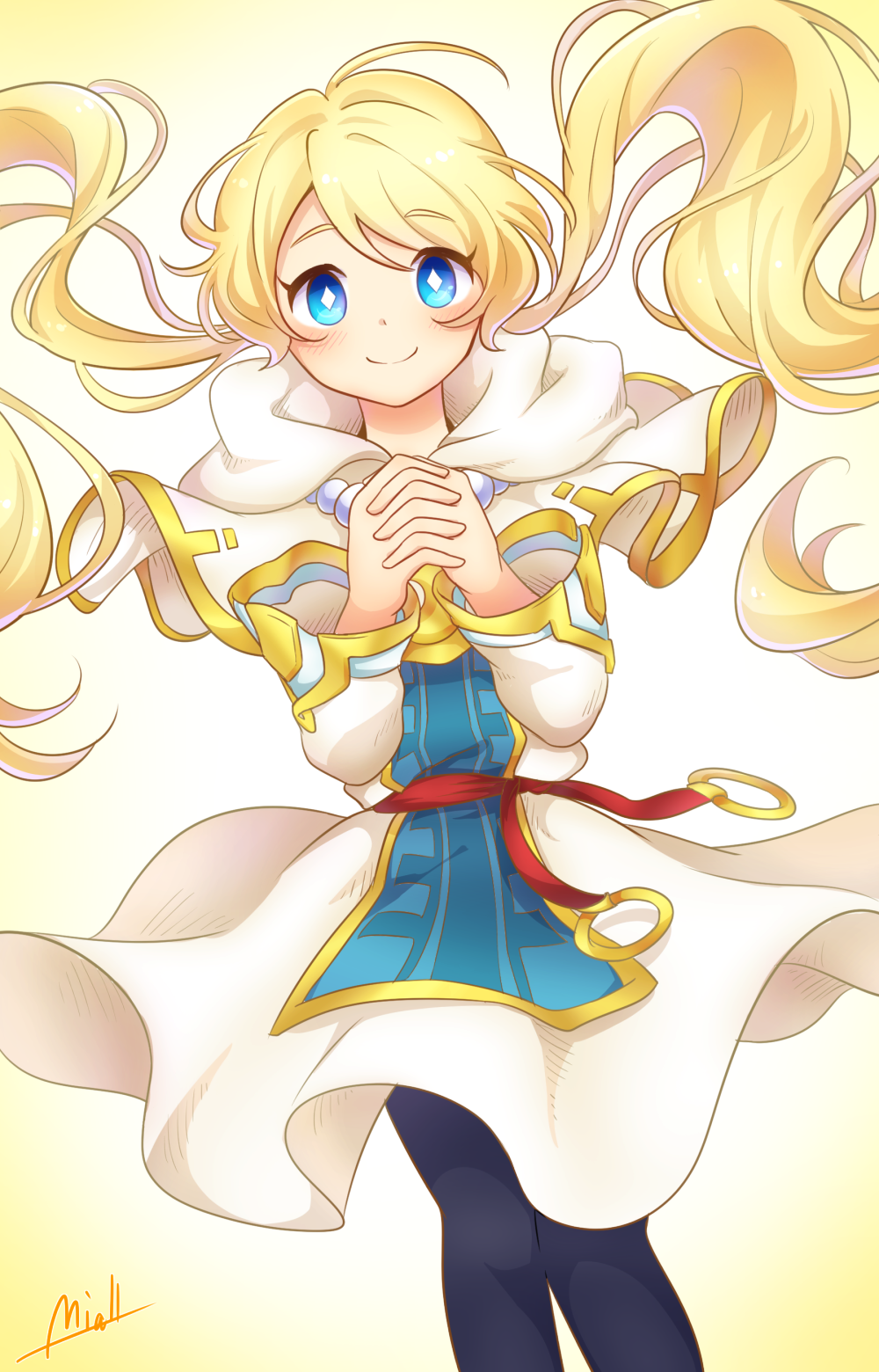 1girl, black_pantyhose, blonde_hair, blue_eyes, blush, cropped_feet, diamond-shaped_pupils, diamond_(shape), fantasy_life, gradient_background, highres, hood, hood_down, hoodie, jewelry, looking_at_viewer, necklace, own_hands_together, pantyhose, robe, sanjyueri_miall, smile, solo, symbol-shaped_pupils, twintails, yellow_background, yuelia_(fantasy_life)