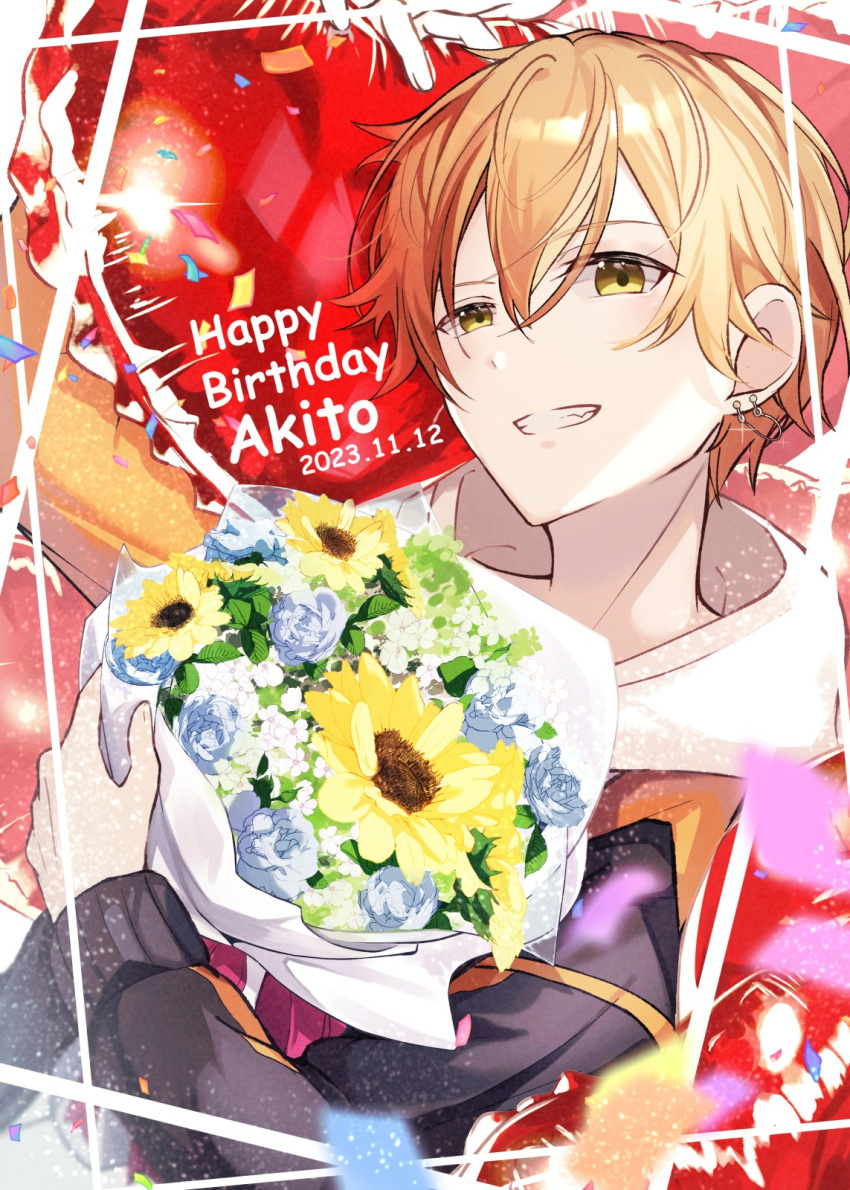 1boy, blue_flower, bouquet, character_name, commentary_request, confetti, dated, earrings