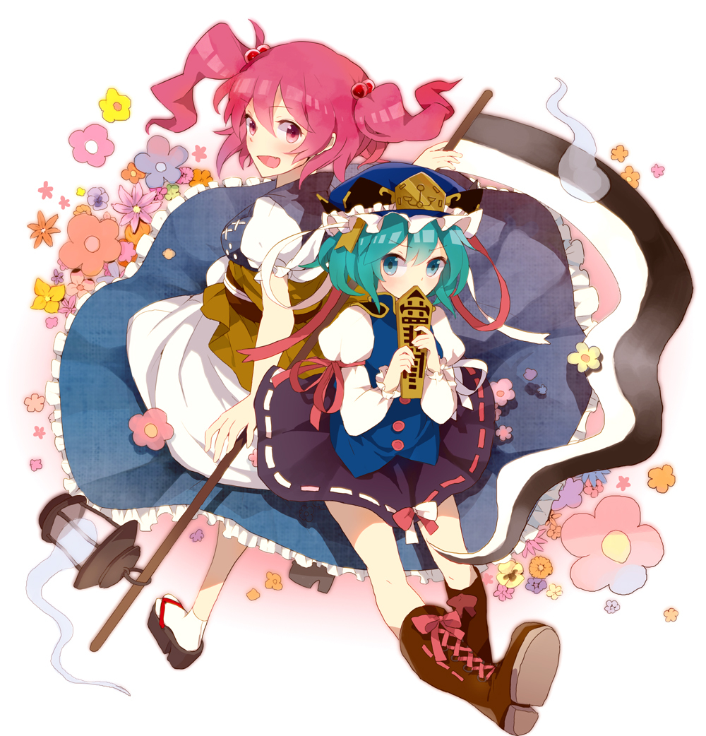 back-to-back, blush, boots, covering_mouth, flower, frown, ghost, green_eyes