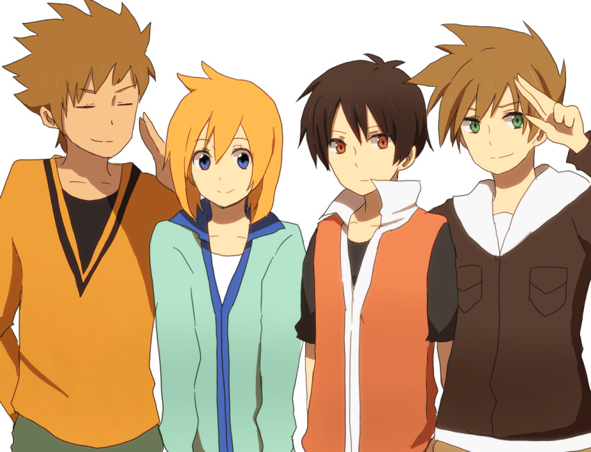 1girl, 3boys, black_hair, blue_eyes, brown_hair, chiasa_(kirakirakira), closed_eyes, green_eyes