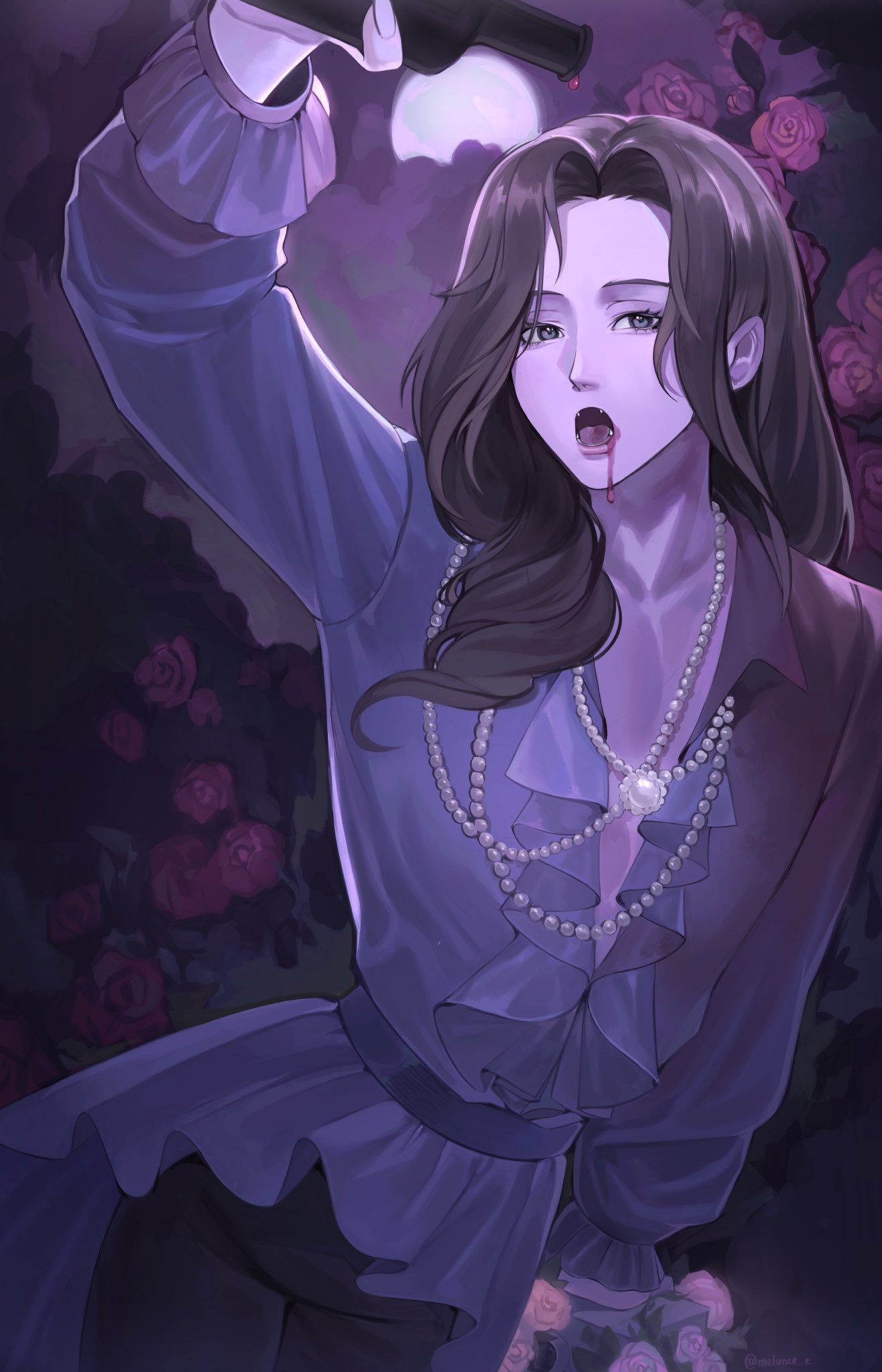 1boy, alcohol, arm_support, black_pants, blue_eyes, bottle, brown_hair, bush
