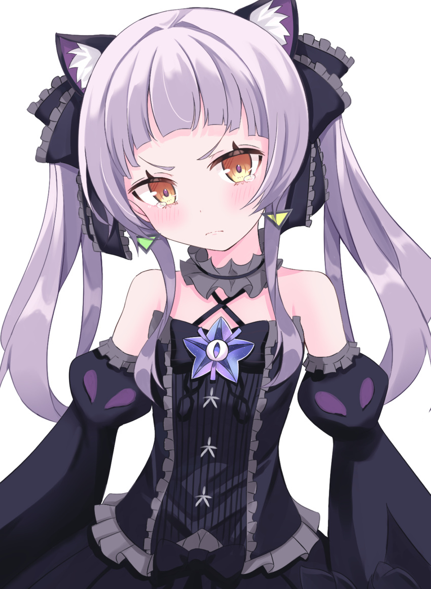 1girl, animal_ear_fluff, animal_ears, black_dress, black_ribbon, black_sleeves, blush, cat_ears