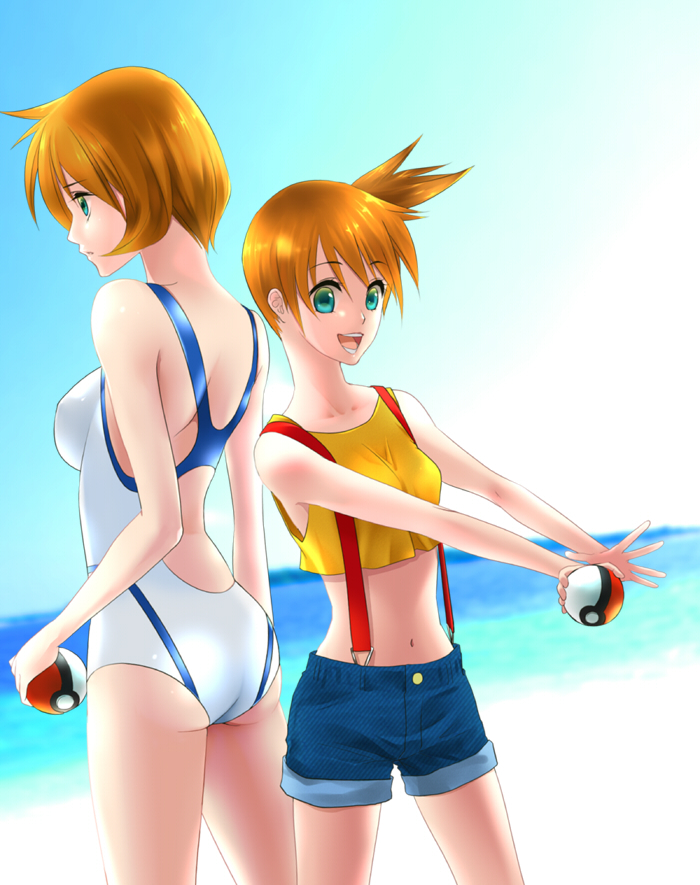 age_comparison, aqua_eyes, ass, back-to-back, bad_id, breasts, competition_swimsuit, dual_persona