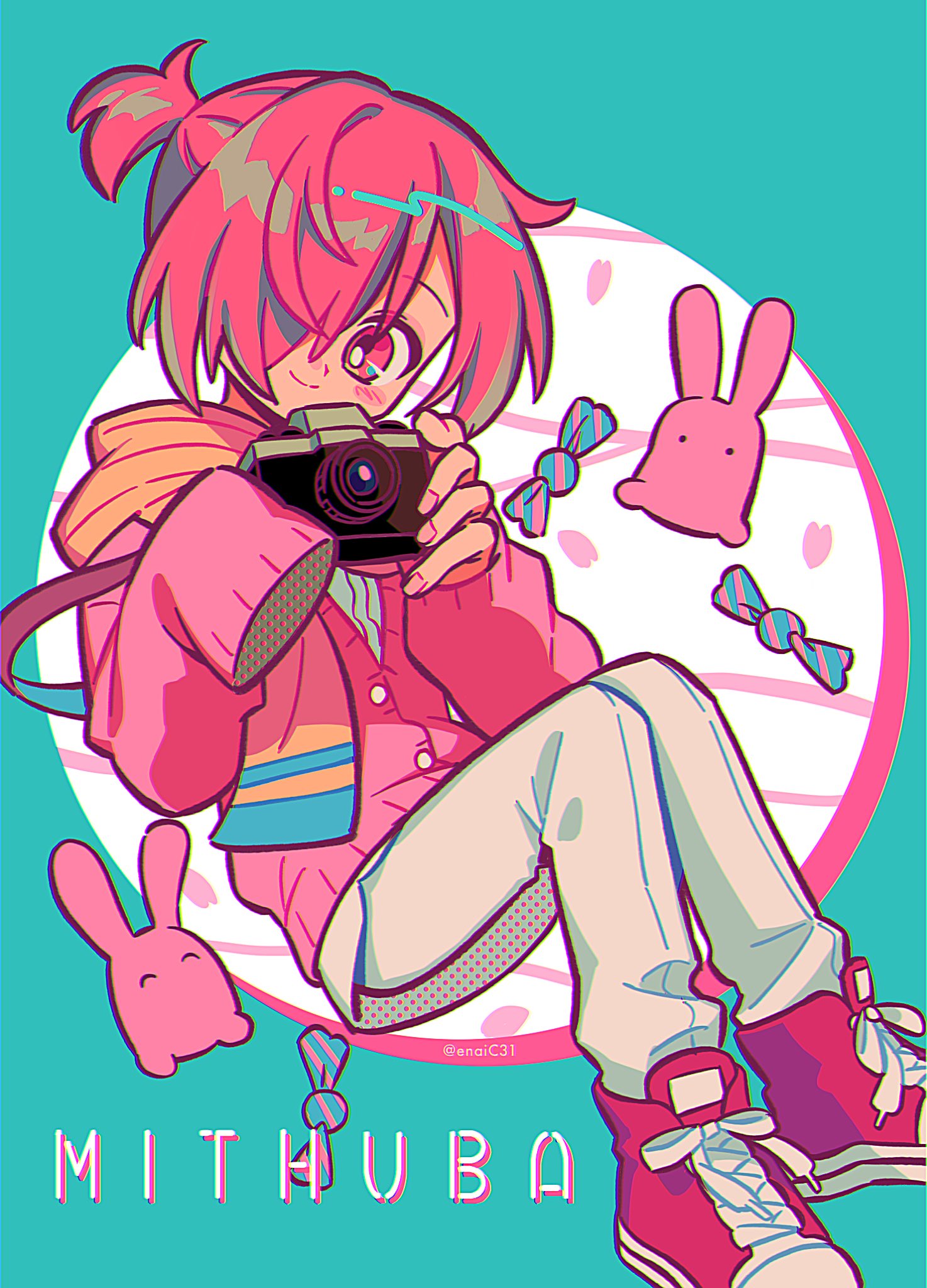 1boy, blue_background, camera, cardigan, closed_mouth, fingernails, hair_over_one_eye, highres