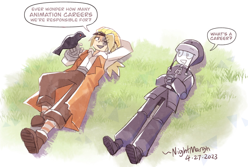 2boys, artist_name, bird, bird_on_hand, black_footwear, black_pants, blonde_hair, boots, borrowed_character, brown_coat, brown_footwear, brown_pants, climber_(unknown-person), coat, collared_shirt, colored_skin, commentary, crow, dated, english_commentary, english_text, full_body, grass, grey_jacket, helmet, highres, jacket, karl_(unknown-person), law_of_talos, long_hair, looking_at_another, looking_to_the_side, lying, male_focus, multiple_boys, night_(nightmargin), on_back, on_ground, open_mouth, original, pants, shirt, sleeveless, sleeveless_coat, smile, white_shirt, white_skin, zipper_pull_tab