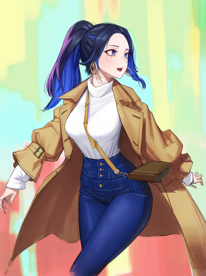 1girl, absurdres, alternate_hairstyle, bag, black_hair, blue_eyes, blue_hair, blue_pants