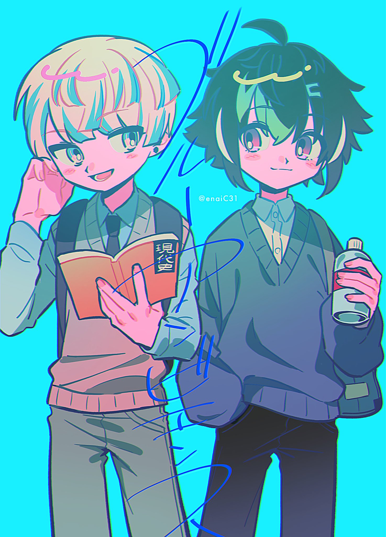 2boys, ahoge, backpack, bag, black_hair, black_necktie, black_pants, blonde_hair