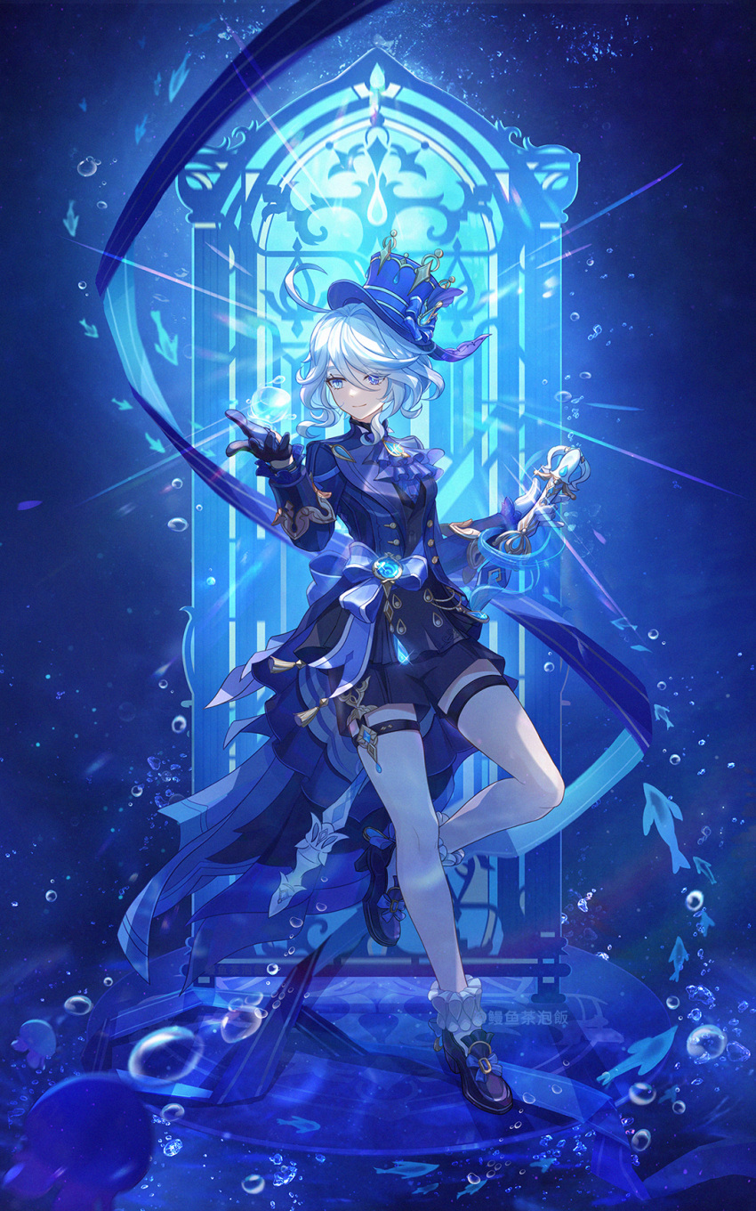 1girl, ahoge, ascot, asymmetrical_gloves, black_footwear, black_gloves, black_shorts, blue_ascot