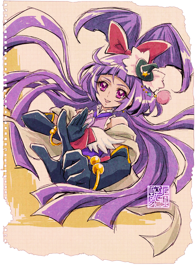 1girl, artist_logo, black_gloves, bow, commentary_request, cure_magical, dress, earrings