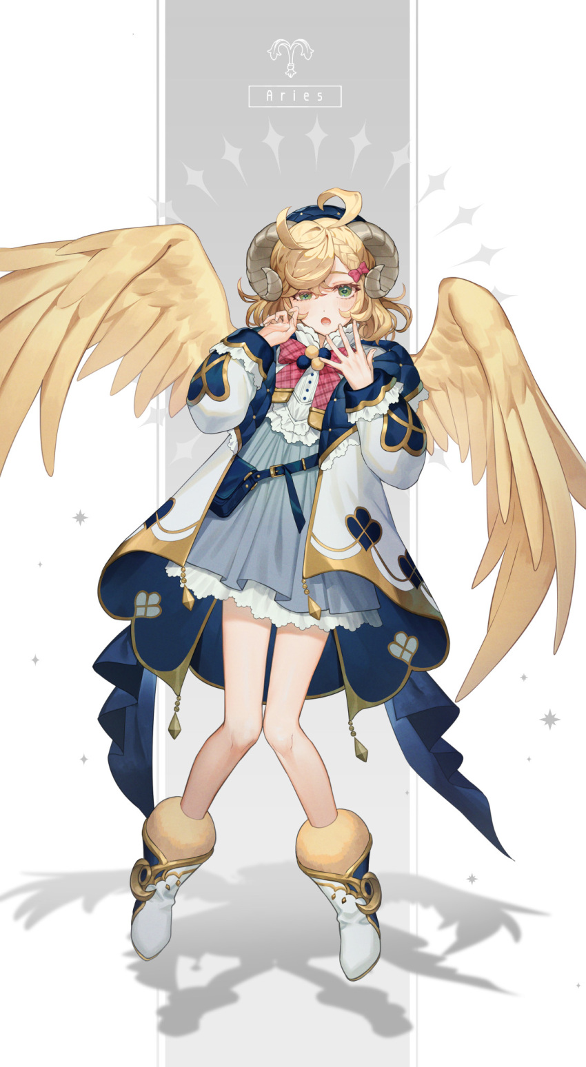 1girl, aries_(zodiac), bag, beret, blonde_hair, blue_dress, blue_headwear, blue_jacket