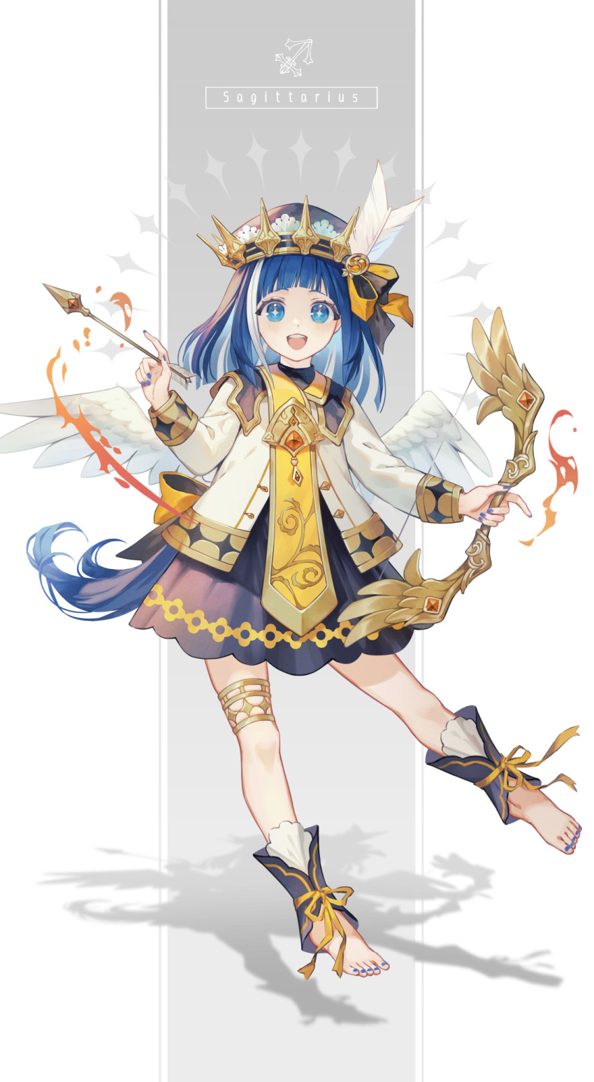 1girl, :d, angel_wings, ankle_cuffs, arrow_(projectile), barefoot, black_dress, black_headwear