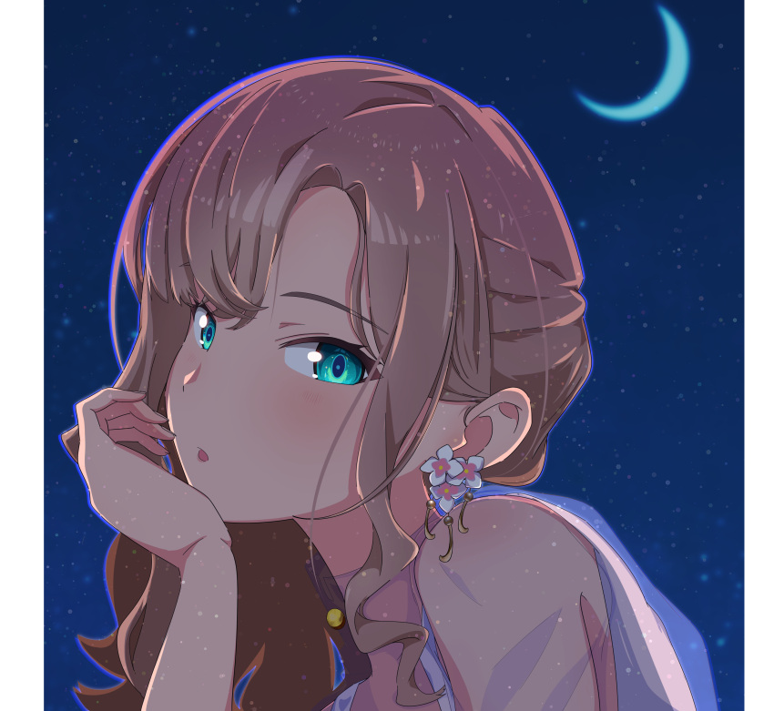 1girl, absurdres, blush, brown_hair, crescent_moon, dress, earrings, green_eyes