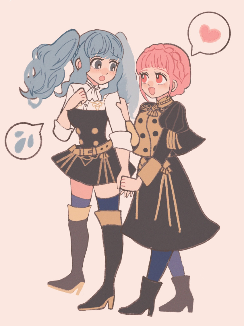2girls, alternate_costume, alternate_hairstyle, belt, blue_hair, boots, braid, breasts, chimney_(chimney0311), cosplay, costume_switch, fire_emblem, fire_emblem:_three_houses, grey_eyes, heart, high_heels, highres, hilda_valentine_goneril, hilda_valentine_goneril_(cosplay), light_blue_hair, long_hair, long_sleeves, marianne_von_edmund, marianne_von_edmund_(cosplay), medium_breasts, multiple_girls, nervous, open_mouth, pink_eyes, pink_hair, shirt, short_hair, skirt, smile, spoken_heart, thigh-highs, thigh_boots, twintails