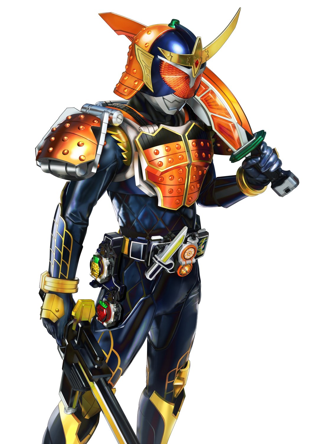 1boy, armor, belt, blue_bodysuit, bodysuit, daidai_maru, food, fruit