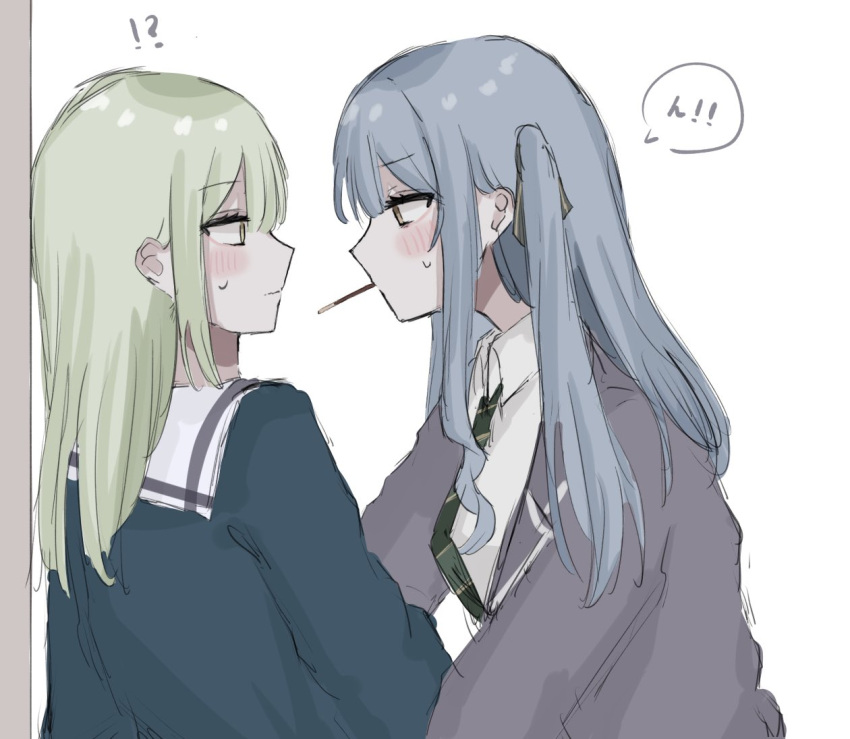 !?, 2girls, bang_dream!, bang_dream!_it's_mygo!!!!!, blazer, blonde_hair, blue_shirt, blush, brown_jacket, closed_mouth, collared_shirt, commentary_request, eye_contact, food_in_mouth, green_necktie, haneoka_school_uniform, jacket, long_hair, looking_at_another, multiple_girls, necktie, one_side_up, pocky_day, pocky_in_mouth, profile, sailor_collar, school_uniform, serafuku, shirt, sidelocks, simple_background, spoken_interrobang, sweatdrop, togawa_sakiko, tsukinomori_school_uniform, upper_body, wakaba_mutsumi, white_background, white_sailor_collar, white_shirt, yuri, yuruha_(yuruha_cat)