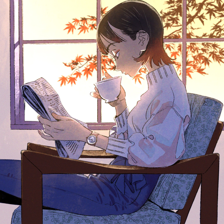 1girl, backlighting, black_hair, blue_pants, bow, closed_mouth, cup, eyelashes, eyeliner, fingers, hair_behind_ear, highres, holding, holding_cup, indoors, kariya_(kry_aia), knees_out_of_frame, leaf, legs, lips, long_eyebrows, long_sleeves, makeup, maple_leaf, maple_tree, newspaper, nordgreen, on_chair, pants, patterned, reading, red_eyeliner, short_hair, sitting, solo, sweater, swept_bangs, teacup, tree, turtleneck, turtleneck_sweater, watch, watch, white_sweater, window