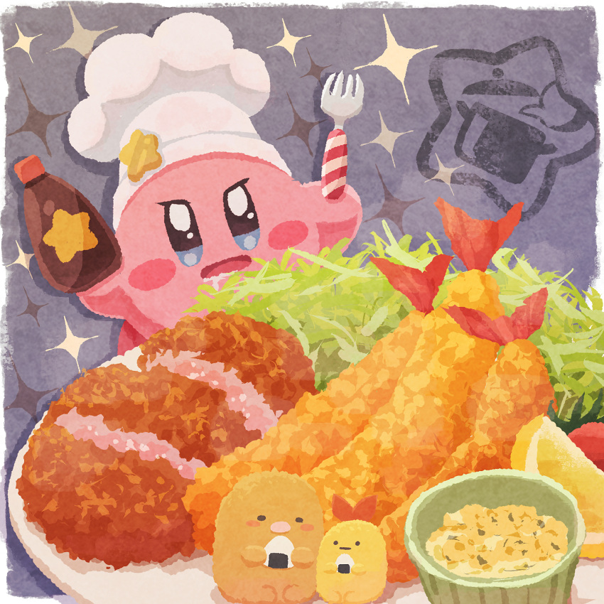 blue_eyes, bottle, cabbage, chef_hat, cook_kirby, copy_ability, ebifurai_no_shippo_(sumikko_gurashi), food