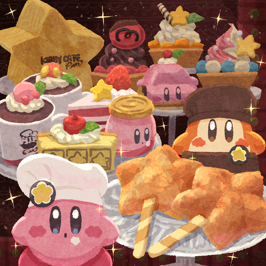 apron, blue_eyes, blush_stickers, brown_apron, brown_eyes, brown_headwear, cake, car-mouth_cake