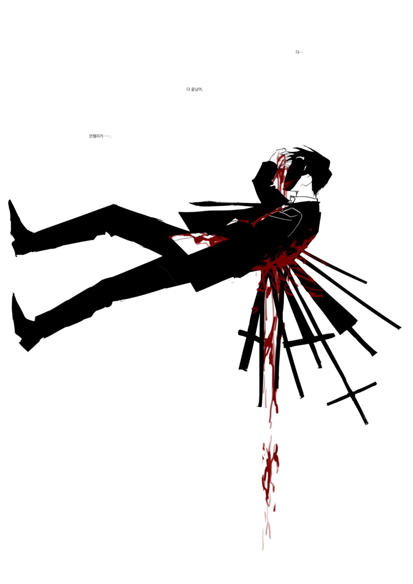 1boy, black_hair, black_jacket, black_necktie, black_pants, bleeding, blood, collared_shirt, highres, jacket, library_of_ruina, long_sleeves, male_focus, mye_66, necktie, pants, project_moon, roland_(library_of_ruina), shirt, sideways, simple_background, solo, spoilers, stab, sword, walking, weapon, white_background, white_shirt