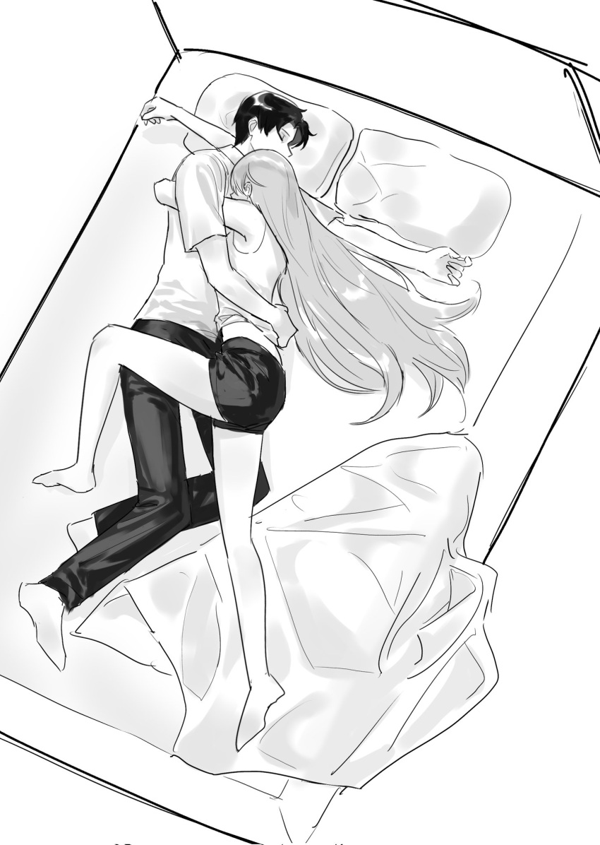 1boy, 1girl, angelica_(library_of_ruina), bed_sheet, black_hair, black_pants, black_shorts, closed_mouth, highres, hug, husband_and_wife, library_of_ruina, long_hair, on_bed, orururuu, pajamas, pants, pillow, project_moon, roland_(library_of_ruina), shirt, short_sleeves, shorts, simple_background, sleeping, sleeveless, sleeveless_shirt, very_long_hair, white_background, white_hair, white_shirt