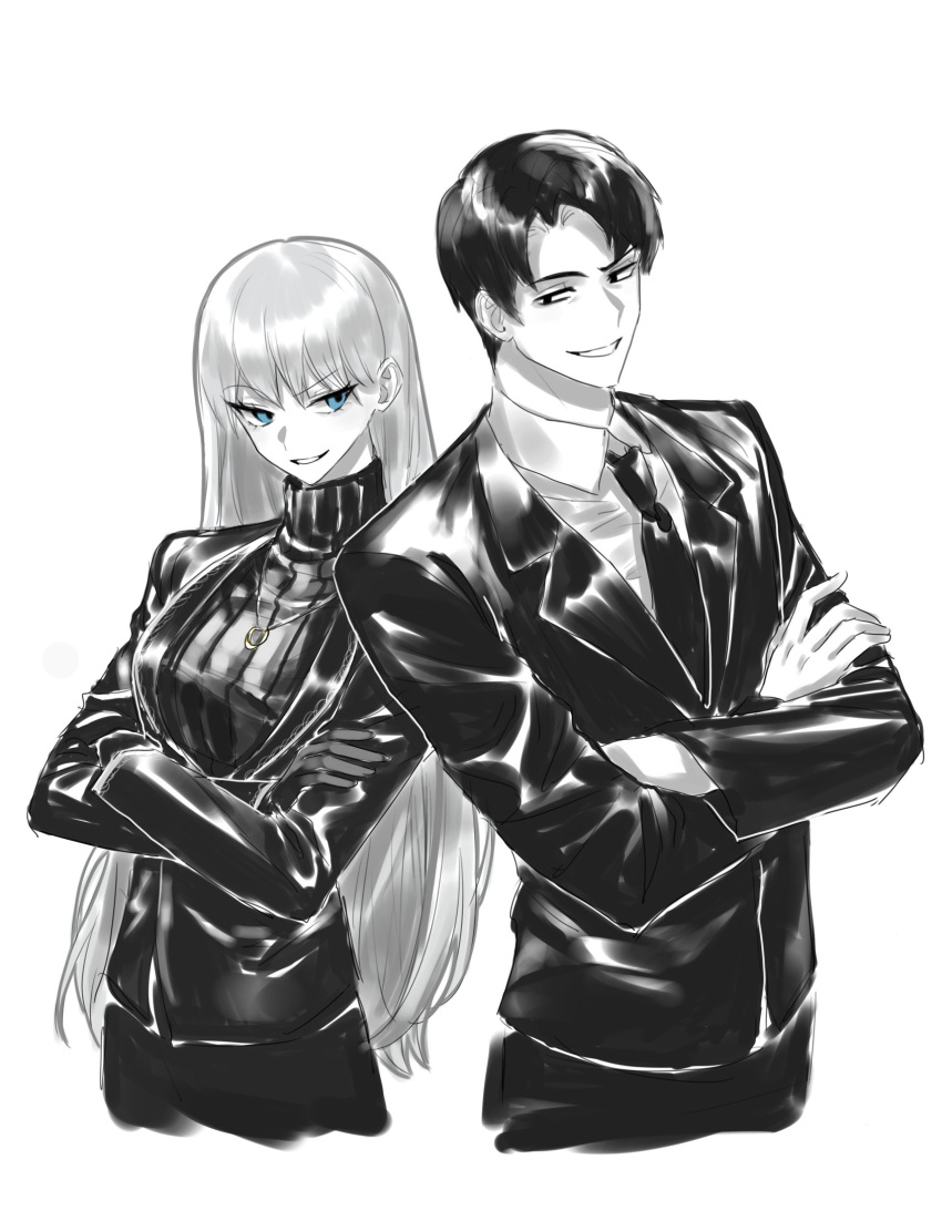 1boy, 1girl, angelica_(library_of_ruina), black_eyes, black_gloves, black_hair, black_necktie, black_pants