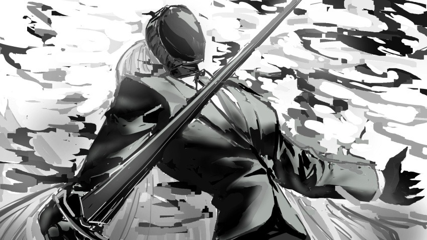 1boy, 1girl, angelica_(library_of_ruina), back-to-back, black_mask, claws, e.g.o_(project_moon), greyscale