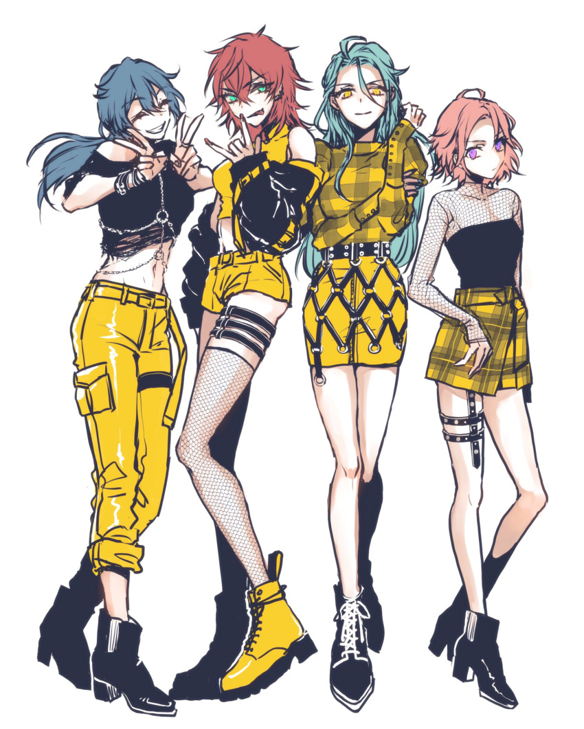 4girls, amagi_rinne, aqua_eyes, blue_hair, closed_eyes, closed_mouth, crazy_b_(ensemble_stars!), crop_top, ensemble_stars!, genderswap, genderswap_(mtf), grey_hair, highres, himeru_(ensemble_stars!), long_hair, mkk69dx, multiple_girls, oukawa_kohaku, pants, pink_hair, plaid, plaid_shorts, plaid_skirt, redhead, shiina_niki, shirt, shorts, skirt, smile, teeth, tongue, tongue_out, violet_eyes, yellow_eyes, yellow_pants, yellow_shirt, yellow_shorts, yellow_skirt