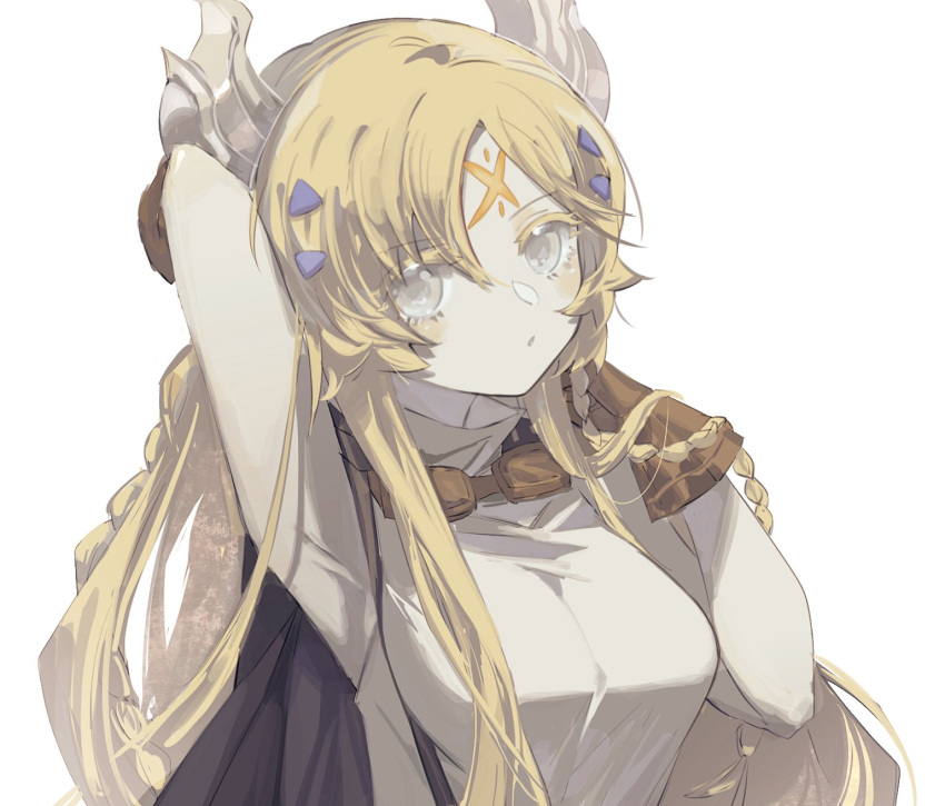 1girl, blonde_hair, braid, duel_monster, ecclesia_(yu-gi-oh!), facial_mark, fake_horns, forehead_mark, goggles, goggles_around_neck, grey_eyes, hair_ornament, highres, horns, incredible_ecclesia_the_virtuous, kurohibi, shirt, simple_background, sleeveless, sleeveless_shirt, solo, turtleneck, upper_body, white_background, yu-gi-oh!